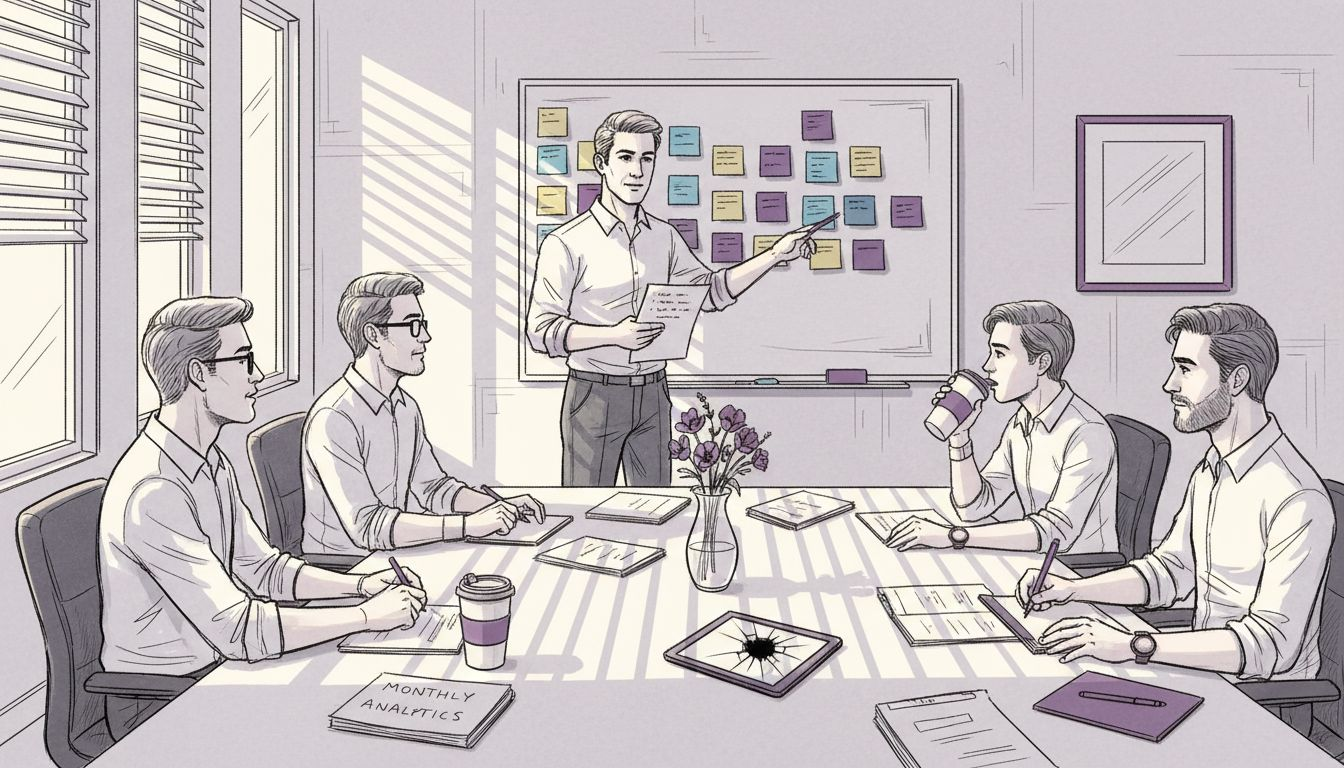 Manager leading feedback meeting with team