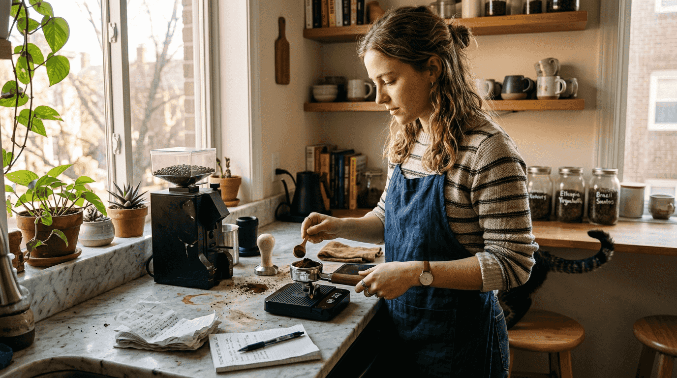 Woman weighing coffee for espresso shot