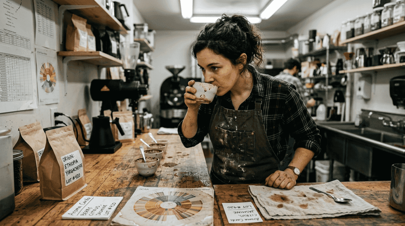 Barista tasting and analyzing Arabica coffee flavor
