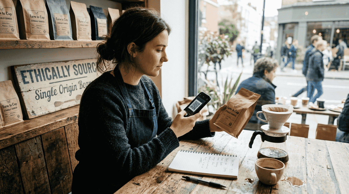 Barista scanning coffee bag for sourcing info