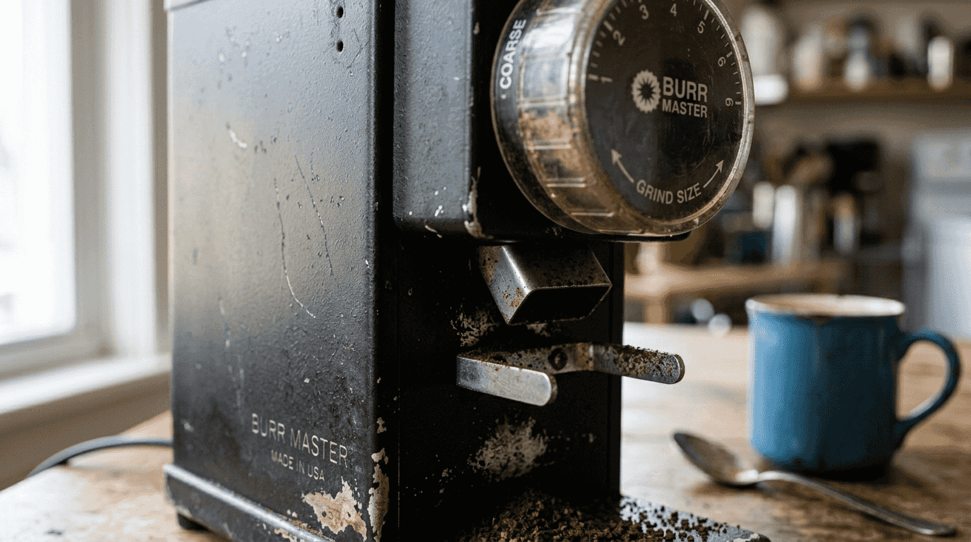 Flat burr grinder with coffee grounds on table