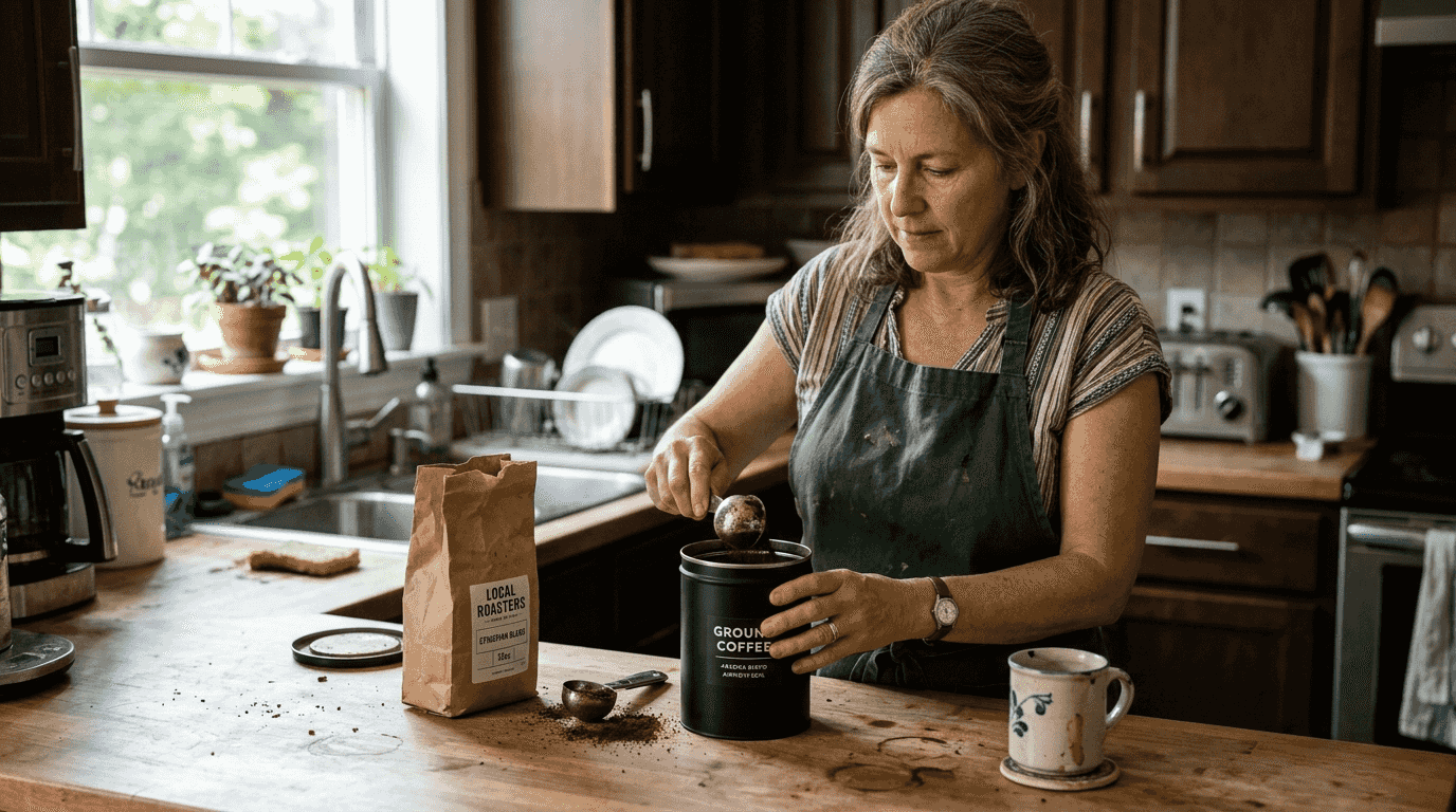 Woman sealing coffee in black airtight tin