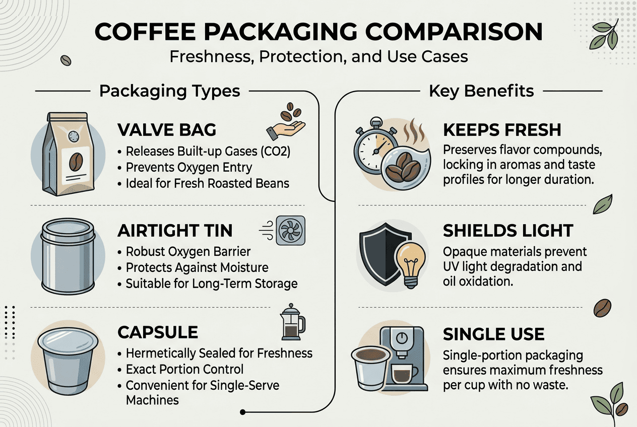Infographic comparing coffee packaging types and benefits