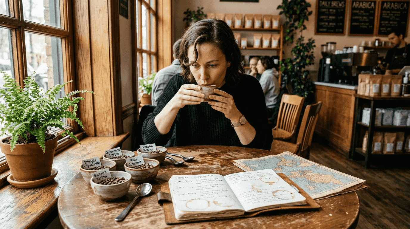 Woman tasting Arabica coffee with samples