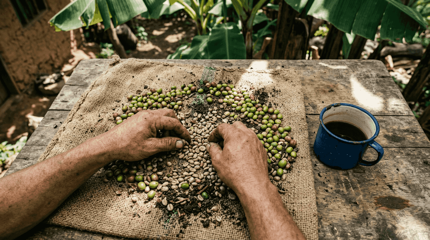 Sorting coffee beans with volcanic soil mix