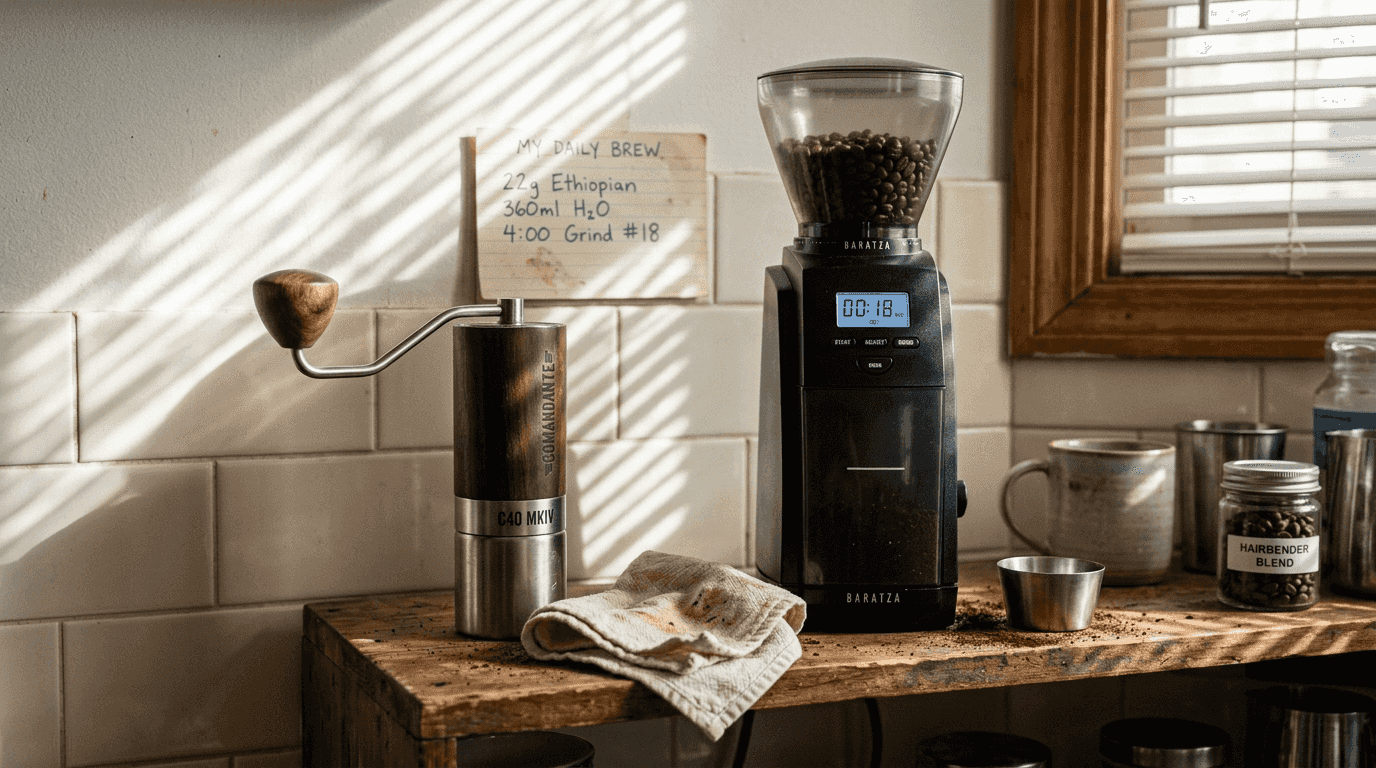 Manual and electric coffee grinders side by side