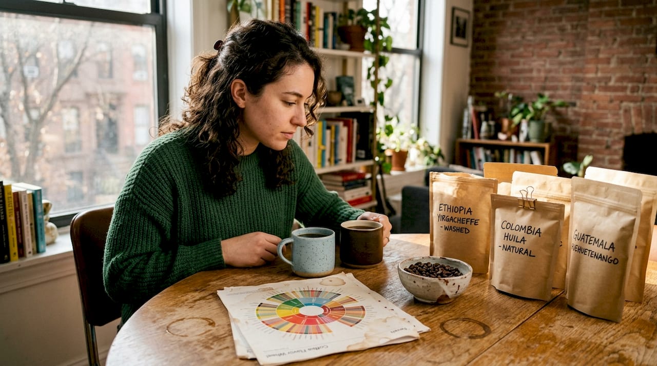 Taster referencing flavor wheel with coffee mugs
