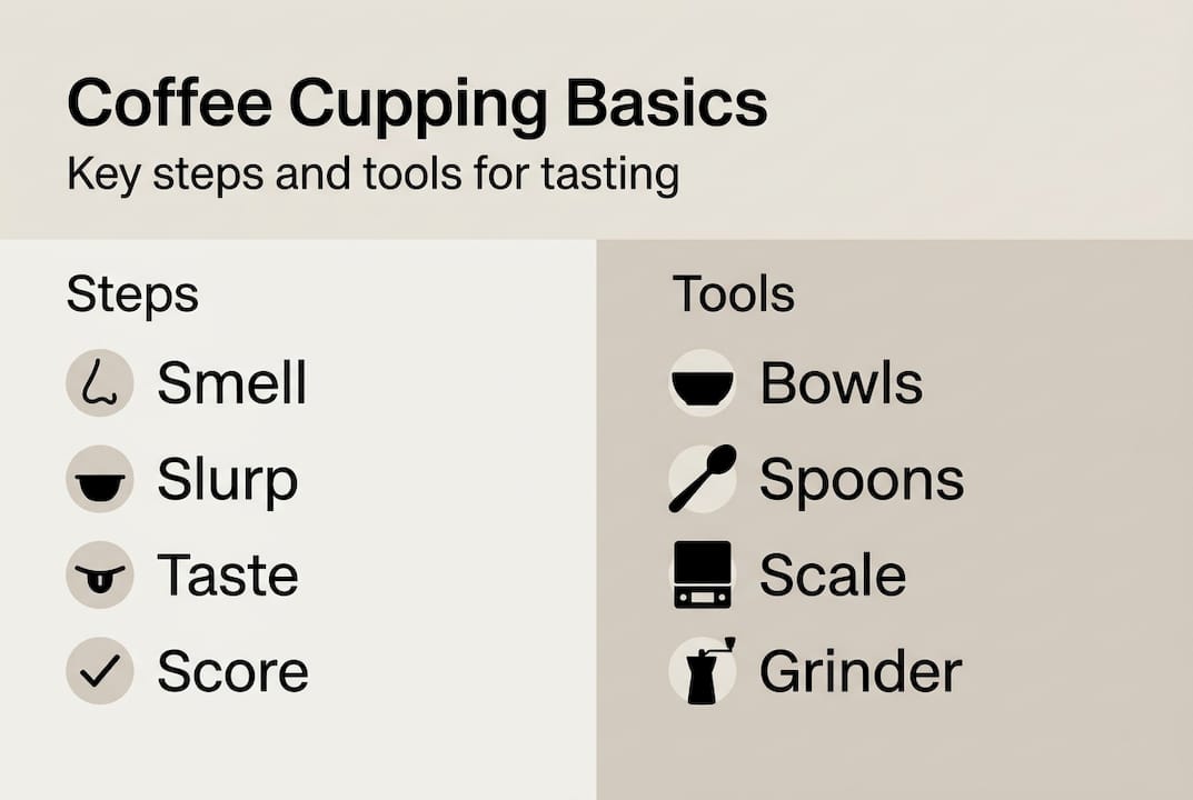 Infographic showing basic coffee cupping steps and tools