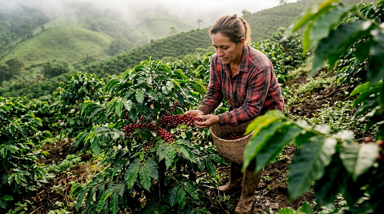 Farmer inspecting dense coffee cherries hillside