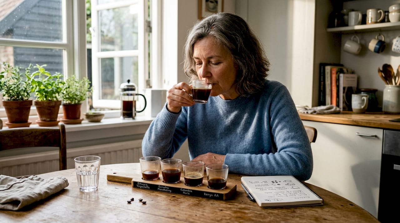 Woman sampling Arabica coffee flavors