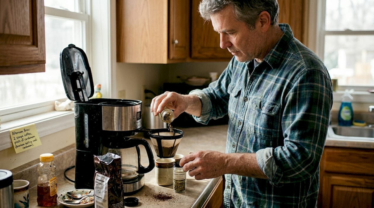 Man infusing spices into coffee grounds