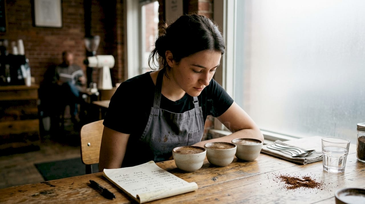 Barista smelling coffee at cupping session