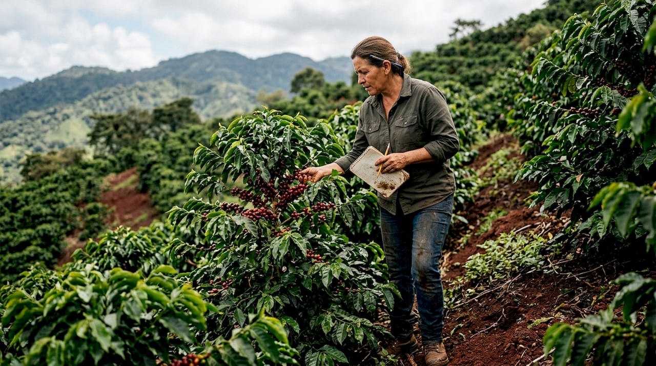 Farmer inspecting cherries in coffee origin field