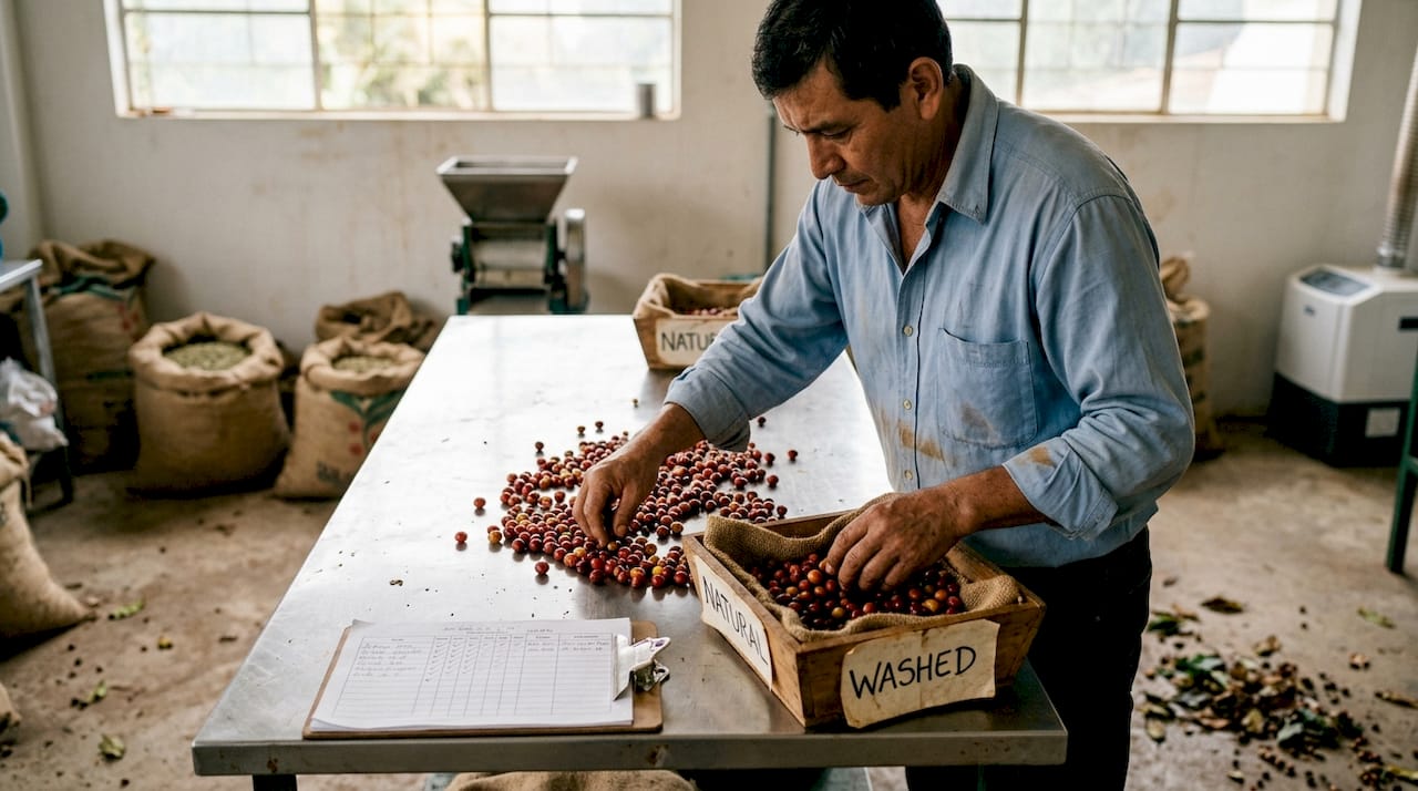 Technician sorting coffee cherries by method