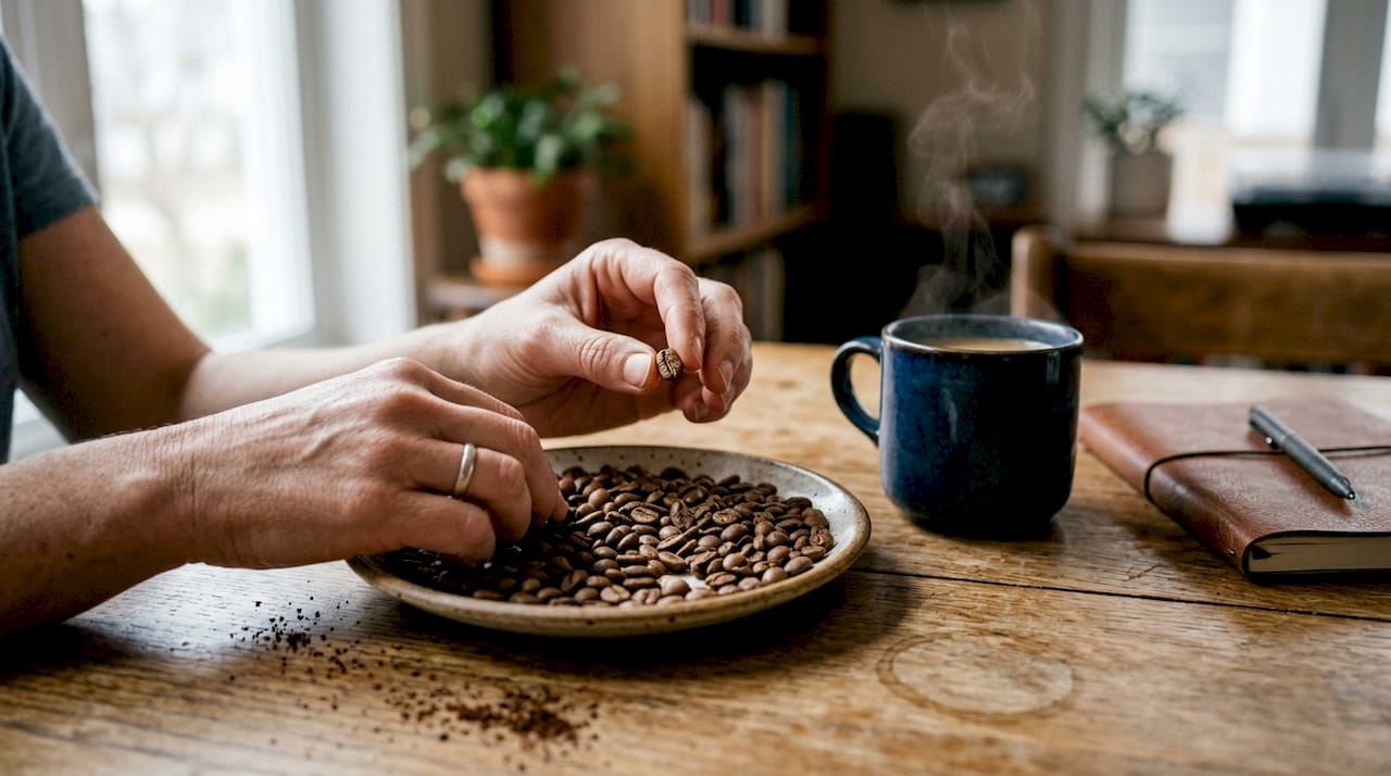 Hands inspecting fresh roasted coffee beans
