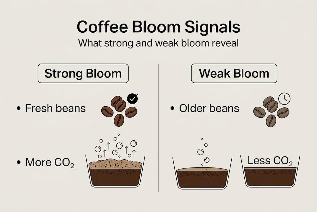 Infographic comparing strong versus weak coffee bloom