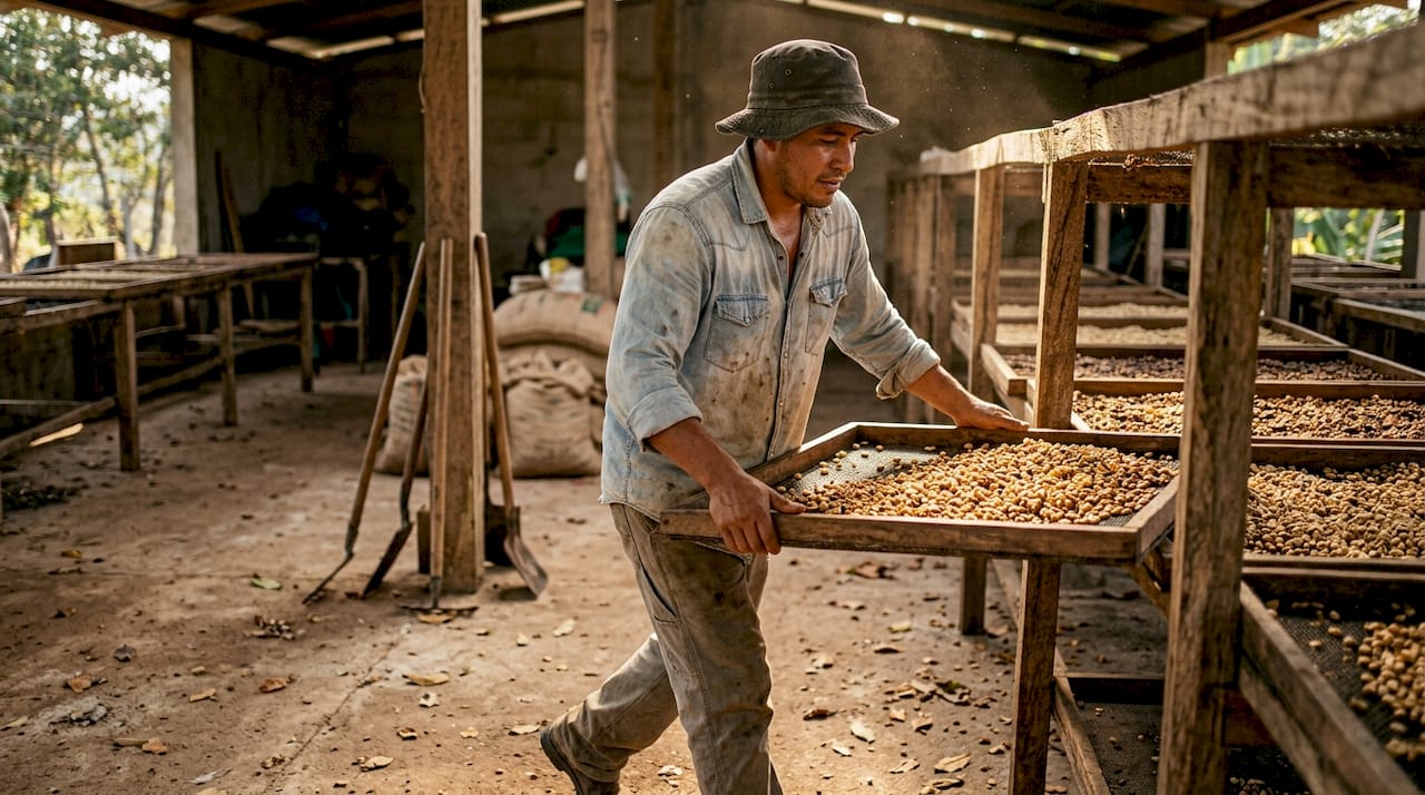 Worker handling honey-processed coffee beans