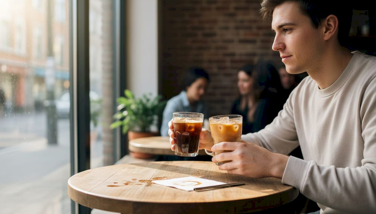 Person comparing cold brew and iced coffee