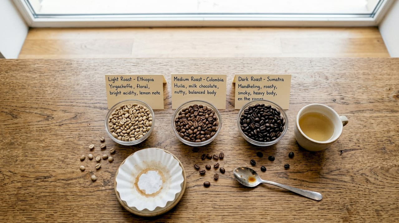 Coffee beans and tasting notes in bowls