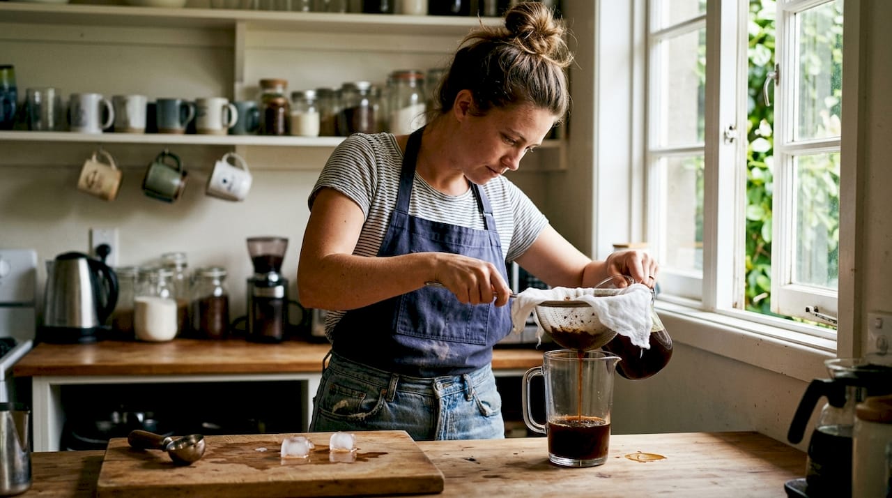 Filtering cold brew coffee through cheesecloth