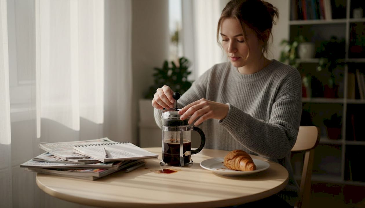 Woman stirring coffee French press setup