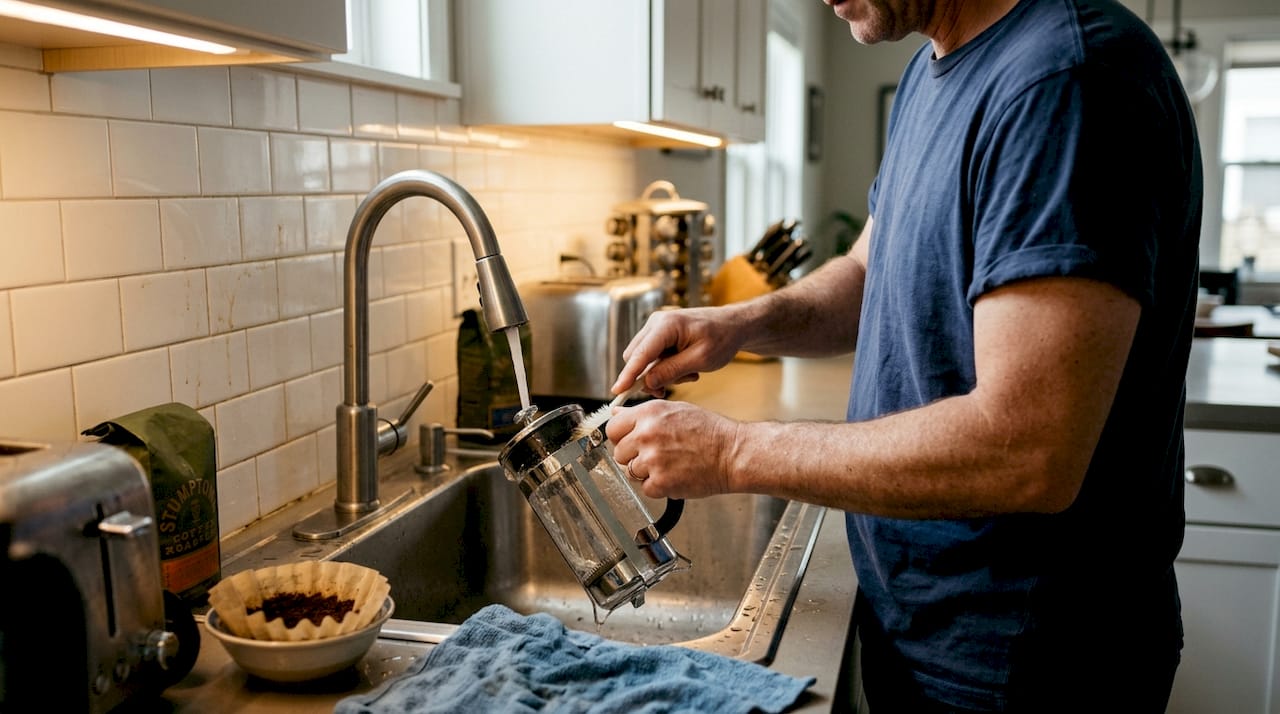 Man cleaning French press at sink