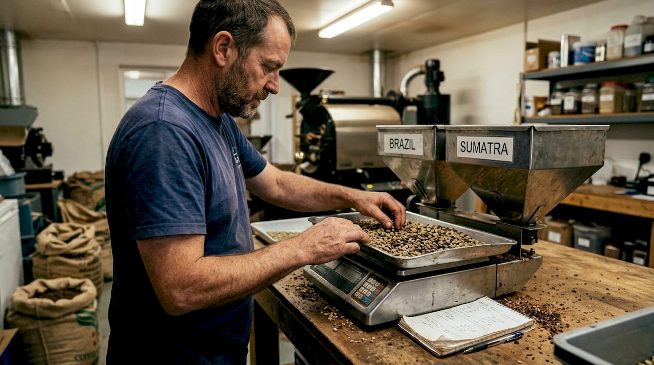 Roaster selecting beans for coffee blend
