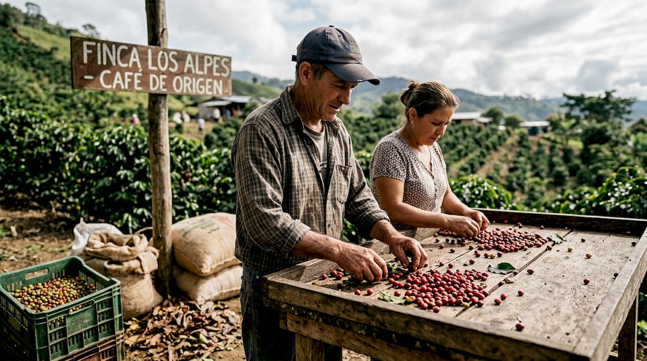 Farmers sorting ripe coffee cherries outdoors