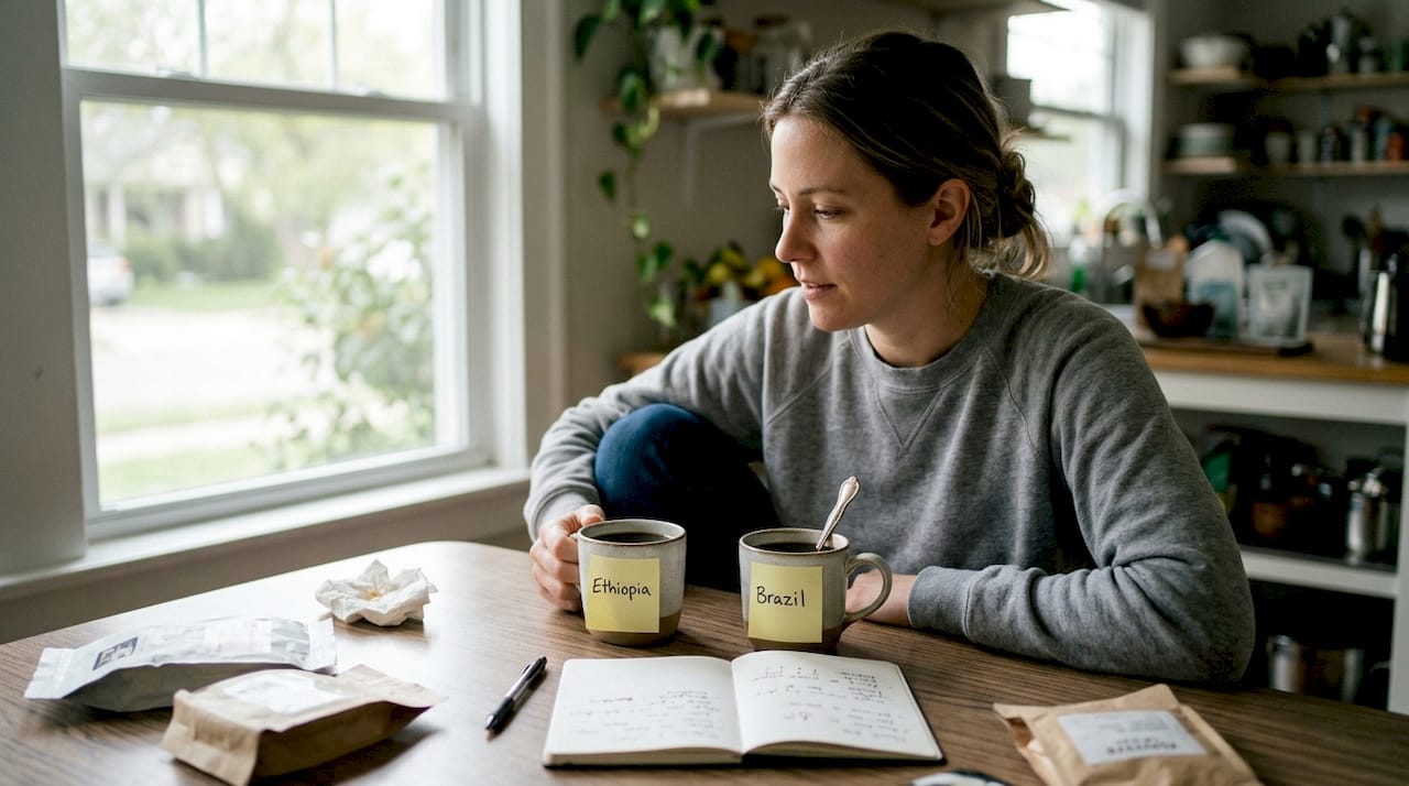 Woman tasting two coffees in home kitchen