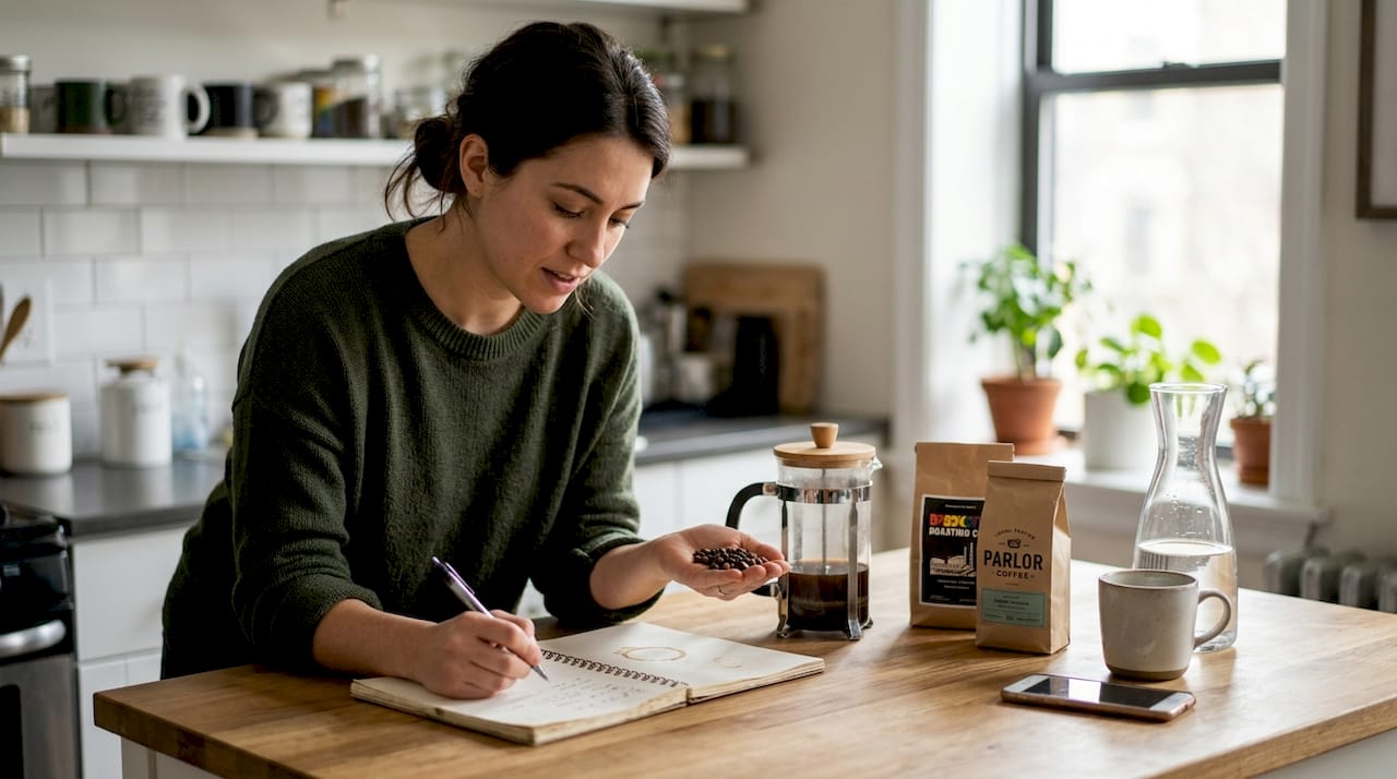 Woman evaluating coffee beans at home