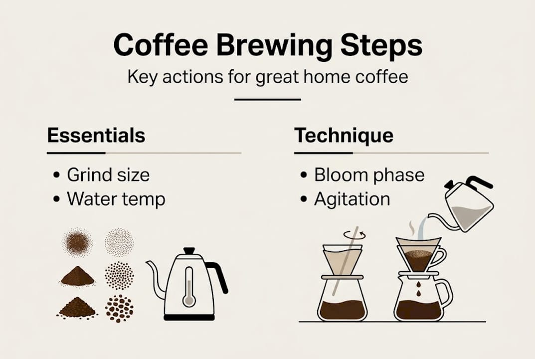 Infographic with coffee brewing steps and essentials