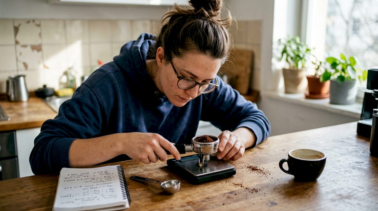 Espresso grounds weighed on digital scale