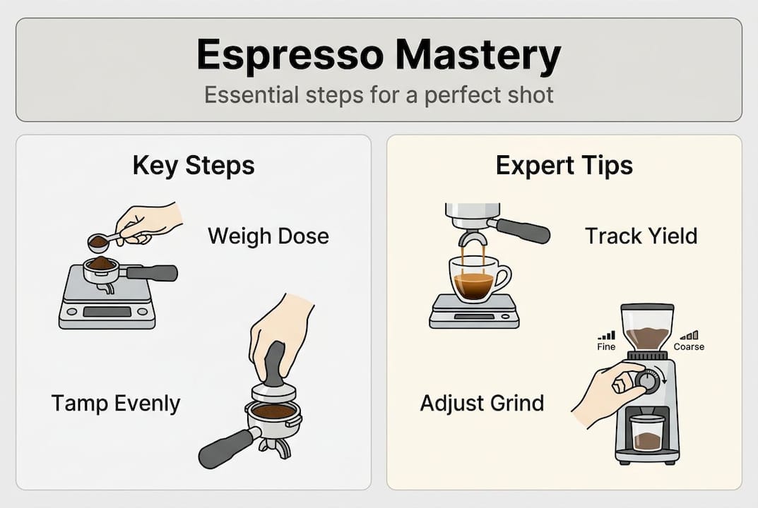 Infographic on key espresso brewing steps and tips