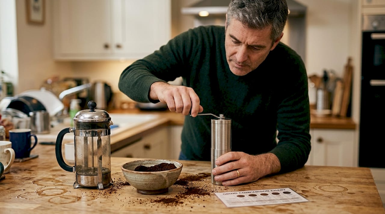 Man adjusting coffee grinder on cluttered counter