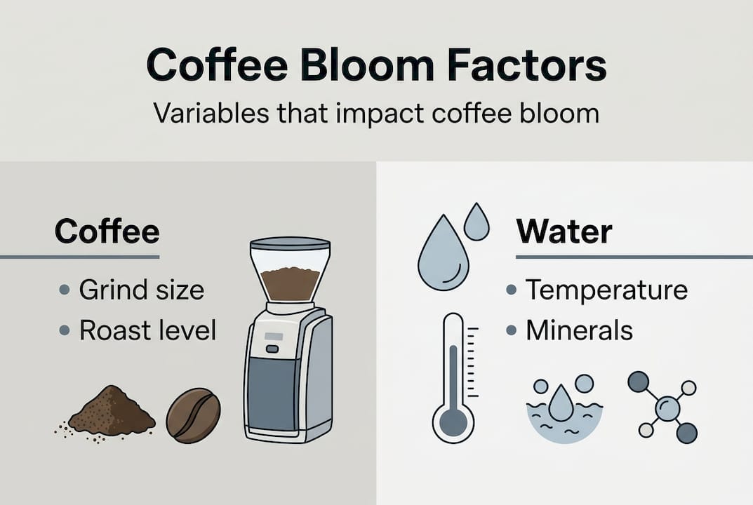 Infographic summarizing coffee bloom factors and variables