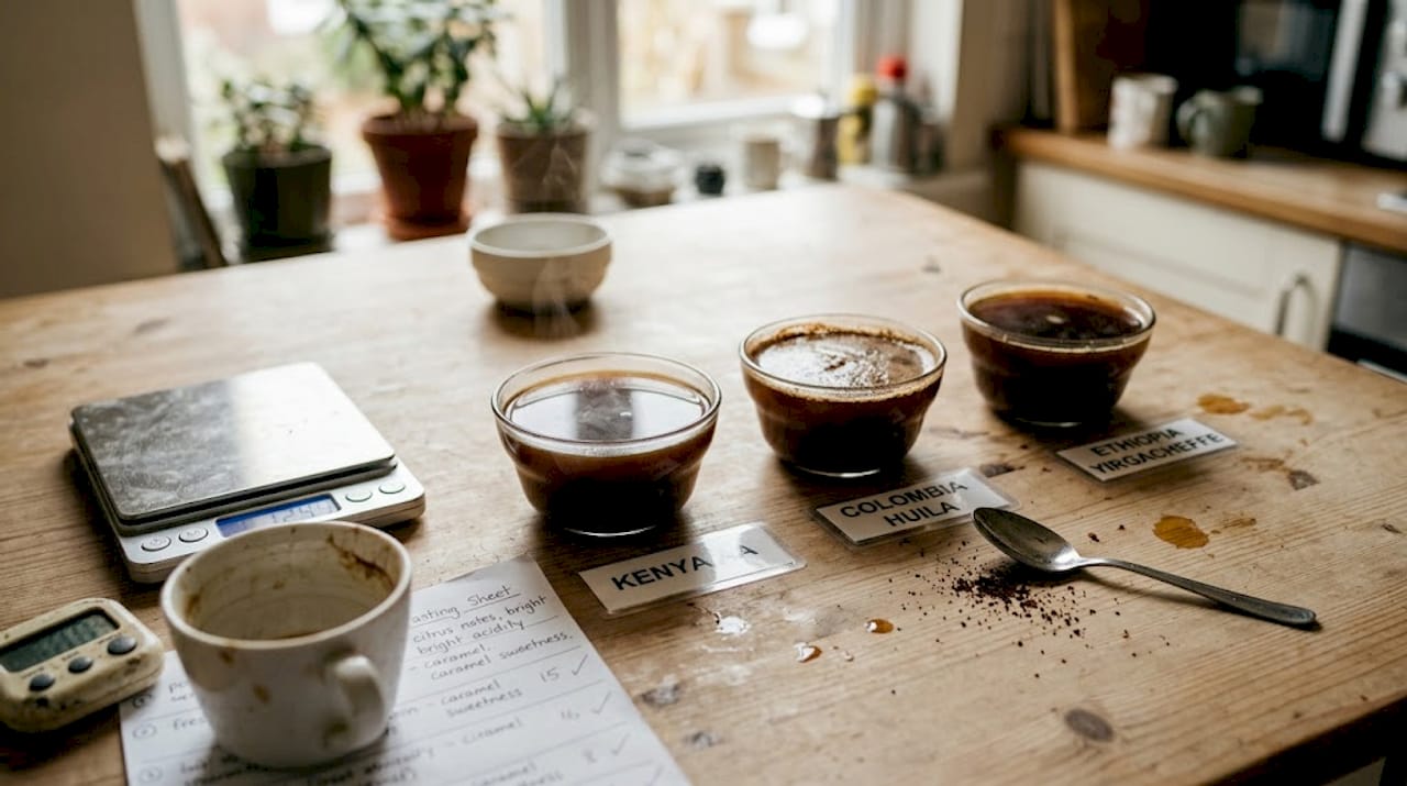 Coffee cupping setup with tools and notes