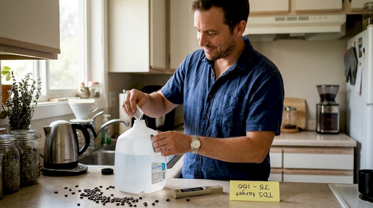 Man preparing mineral water for coffee