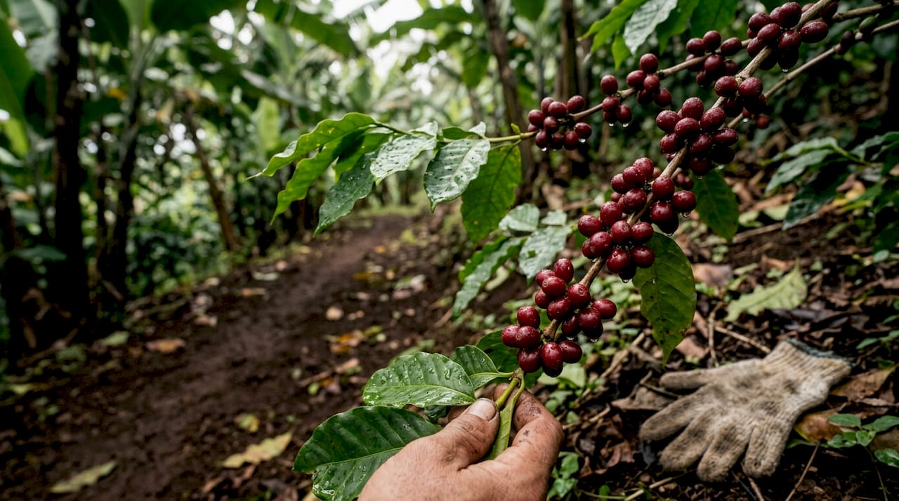 Close-up of organic coffee branch and shade canopy