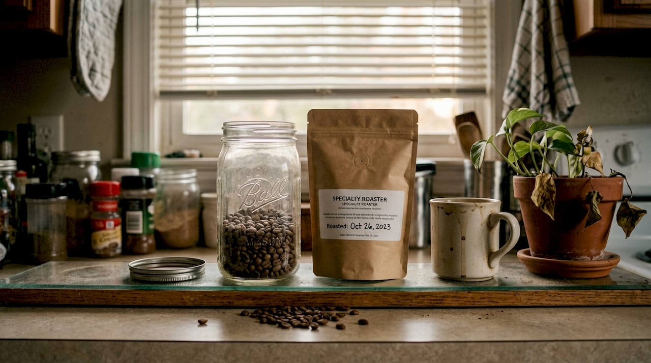 Stale coffee beans poorly stored on shelf