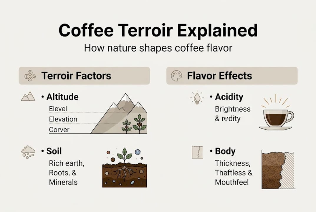 Infographic showing coffee terroir factors and effects
