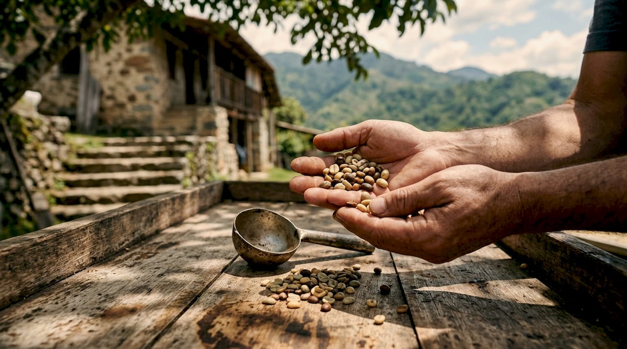 Hands holding coffee beans at altitude farm