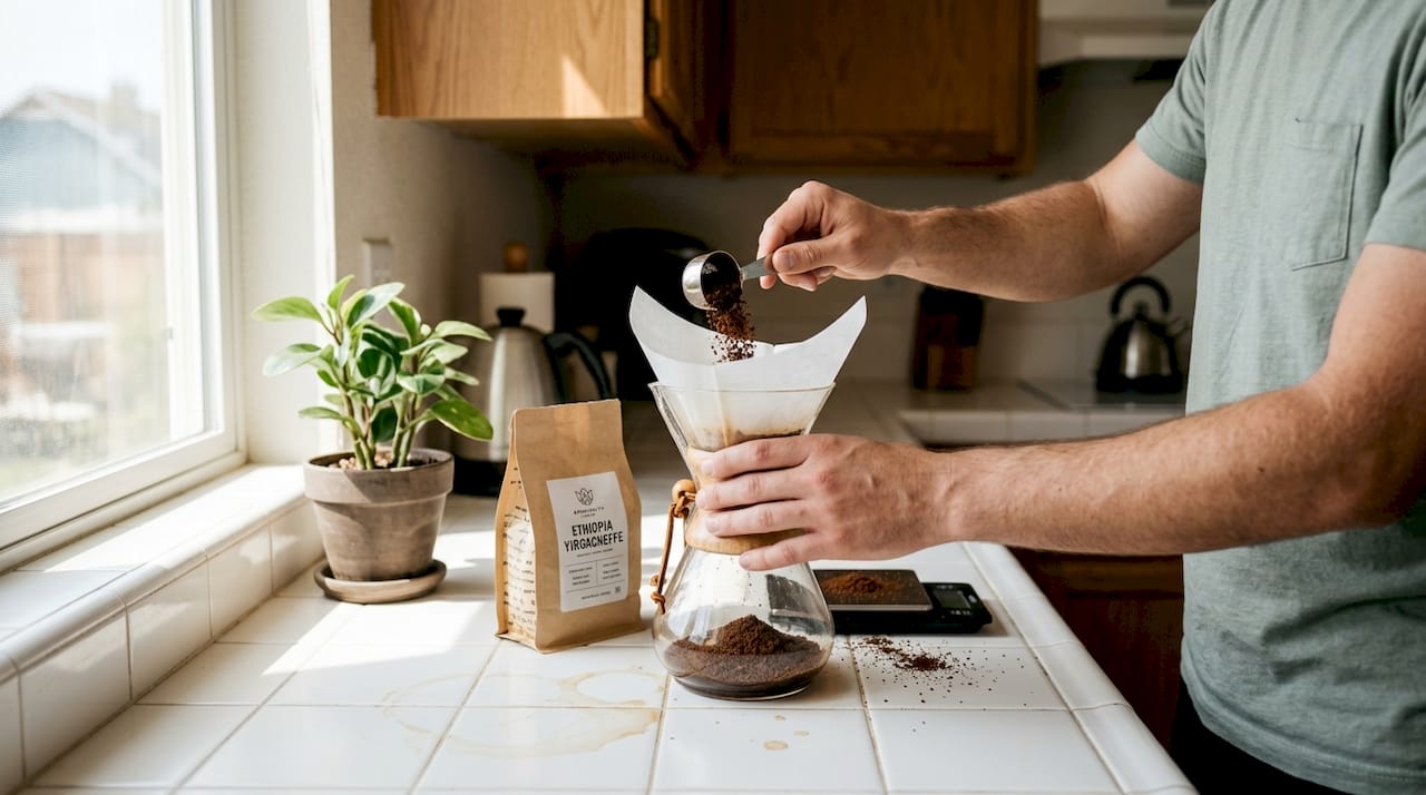 Hands preparing pour-over coffee with paper filter