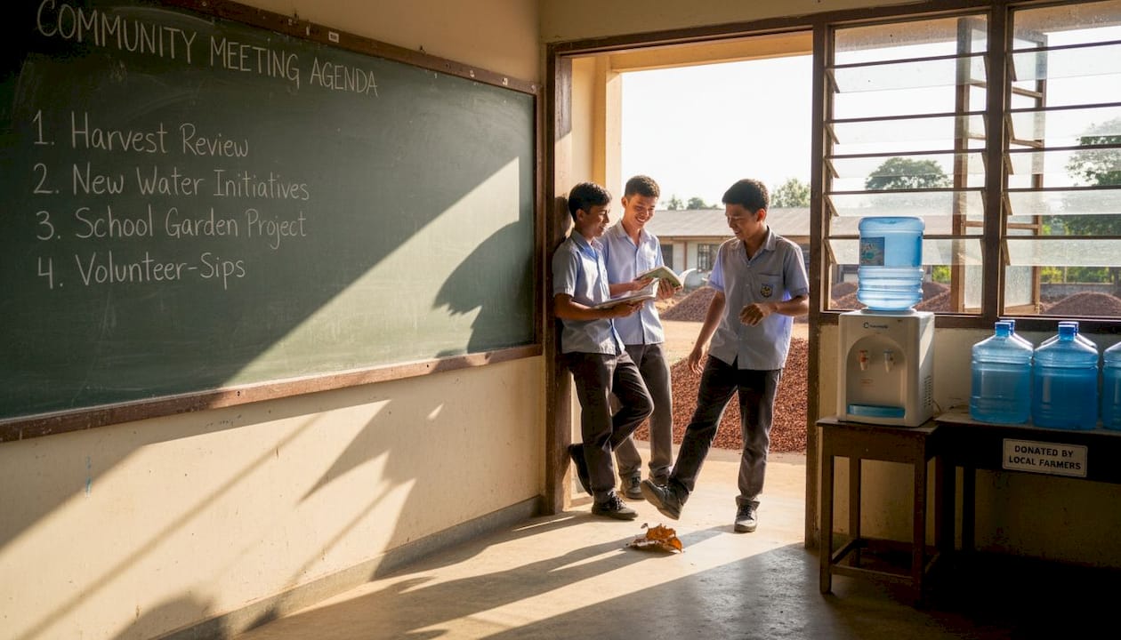Community school scene with coffee impact
