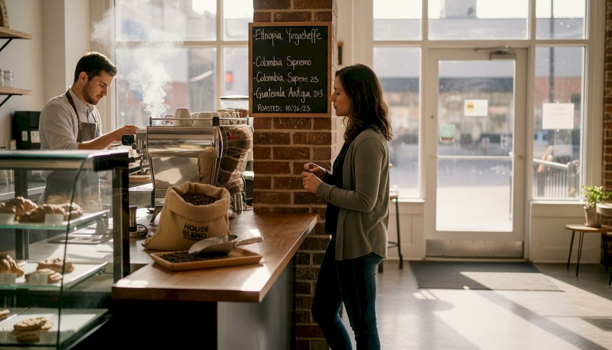Customer reading coffee bean display in café