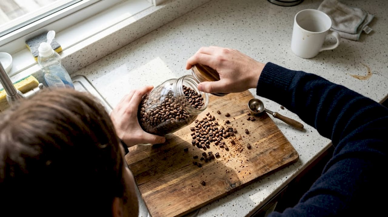 Fresh coffee beans and scoop on kitchen counter