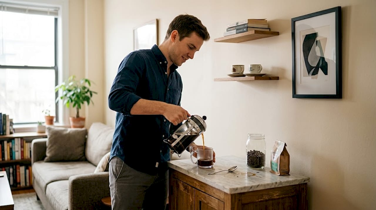 Marble coffee bar cabinet with everyday use scene