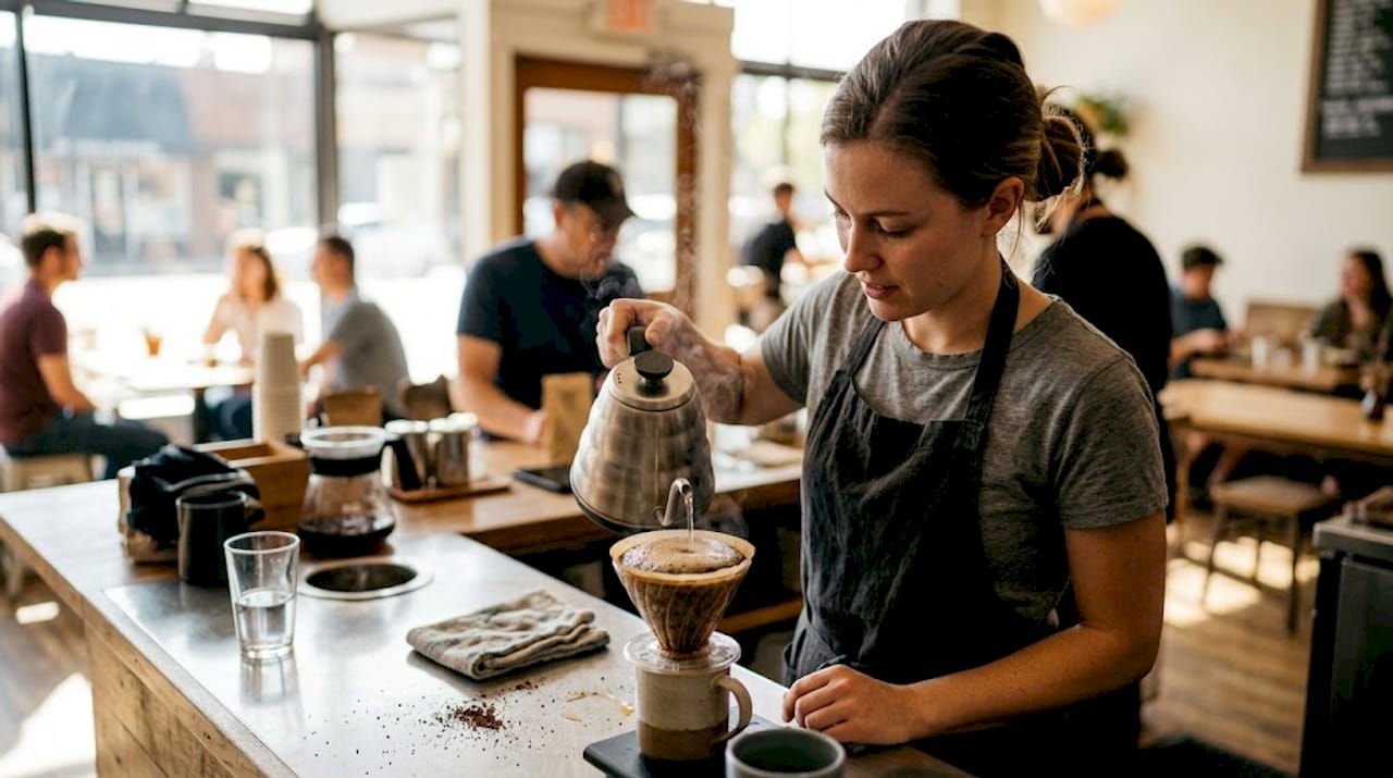 Barista pouring water over coffee bloom