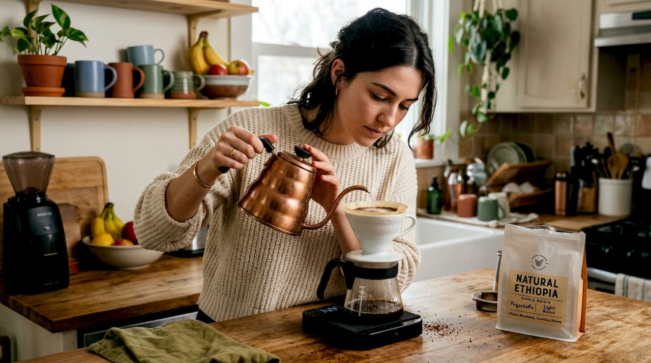 Pour-over brewing in kitchen environment