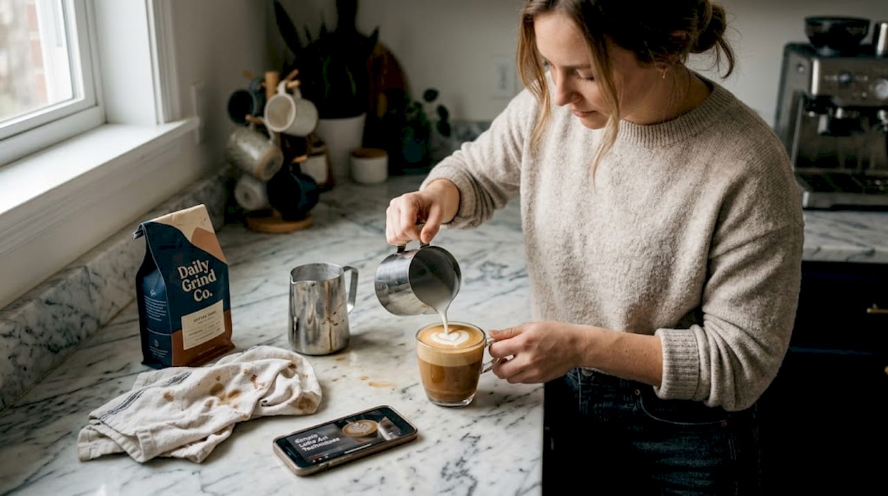 Homemade latte art in everyday kitchen