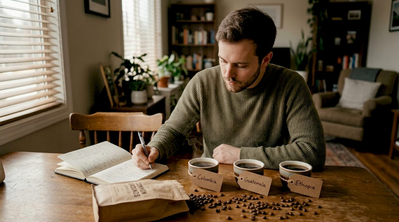 Man tasting and comparing three coffees